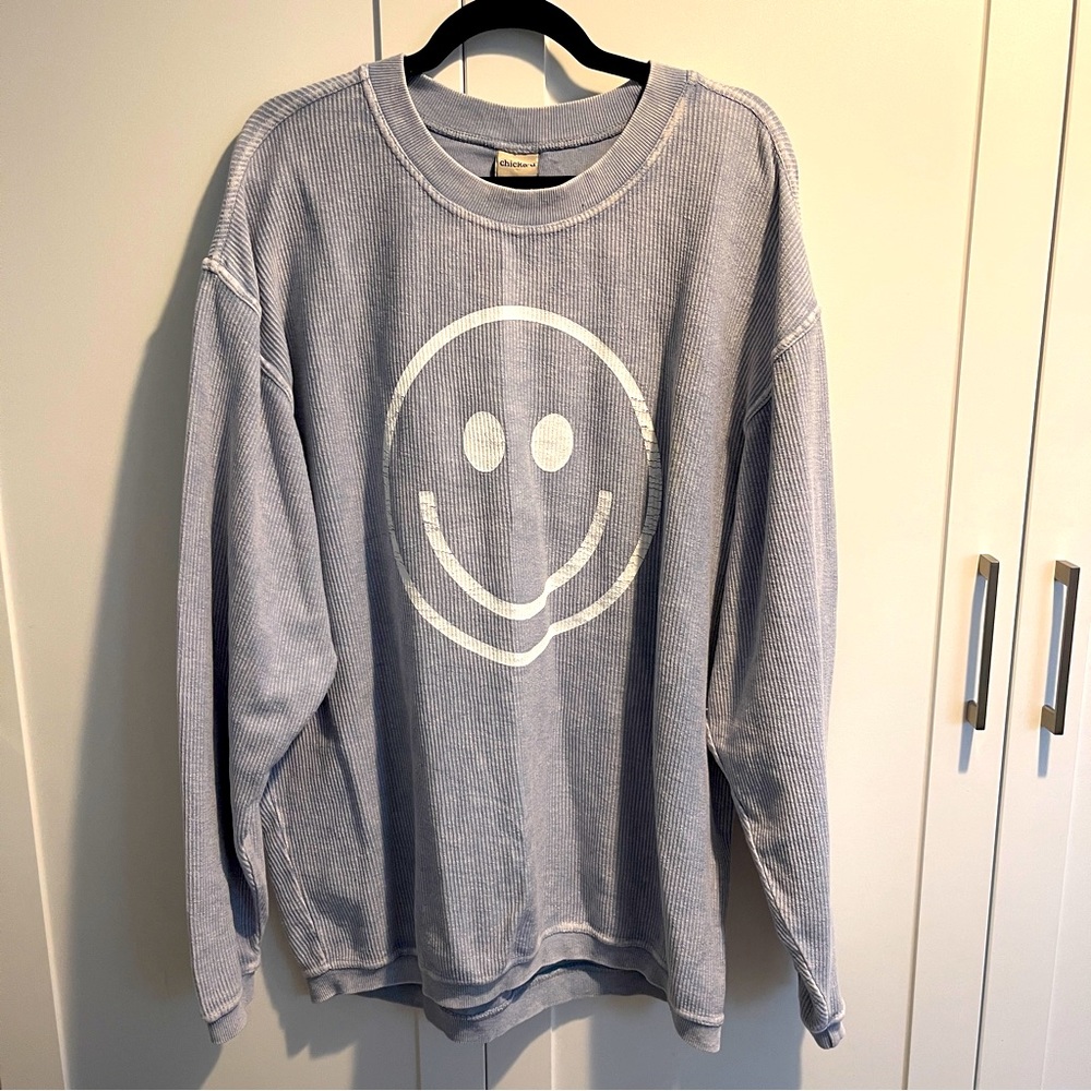 Pink Lily Light Lavender Smiley Waffle Knit Sweatshirt